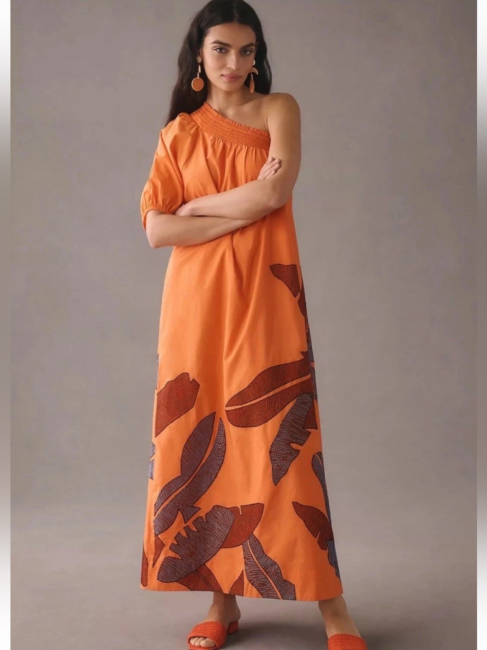 Anthropologie Maeve Orange Poplin Cotton Embroidered One Shoulder Maxi Dress S